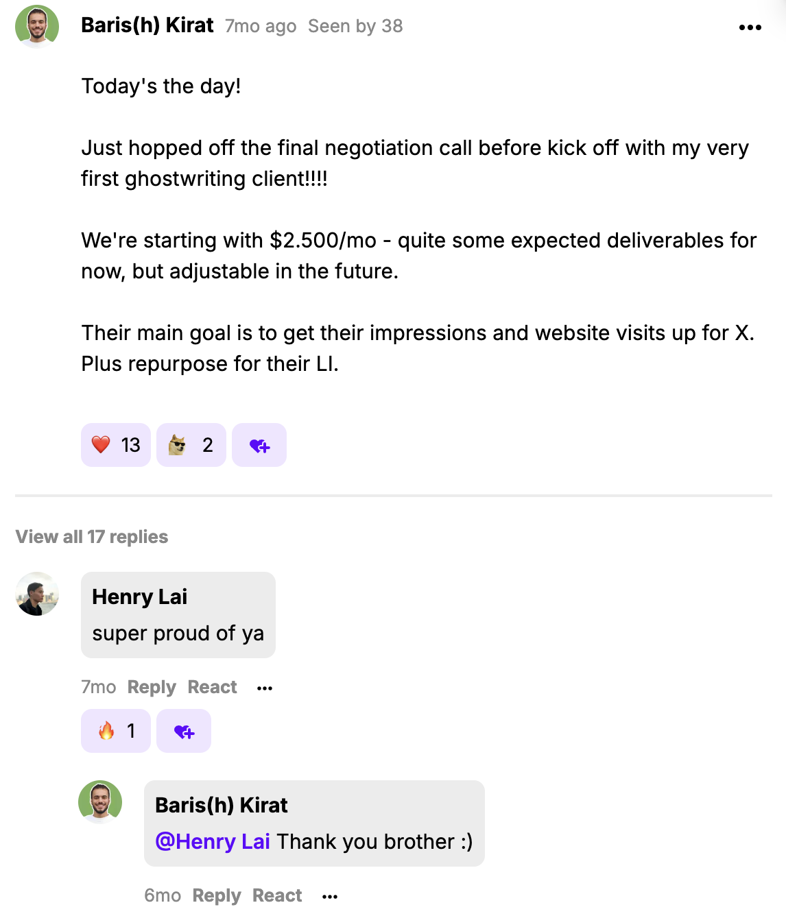 Baris Kirat — $2,500/month client